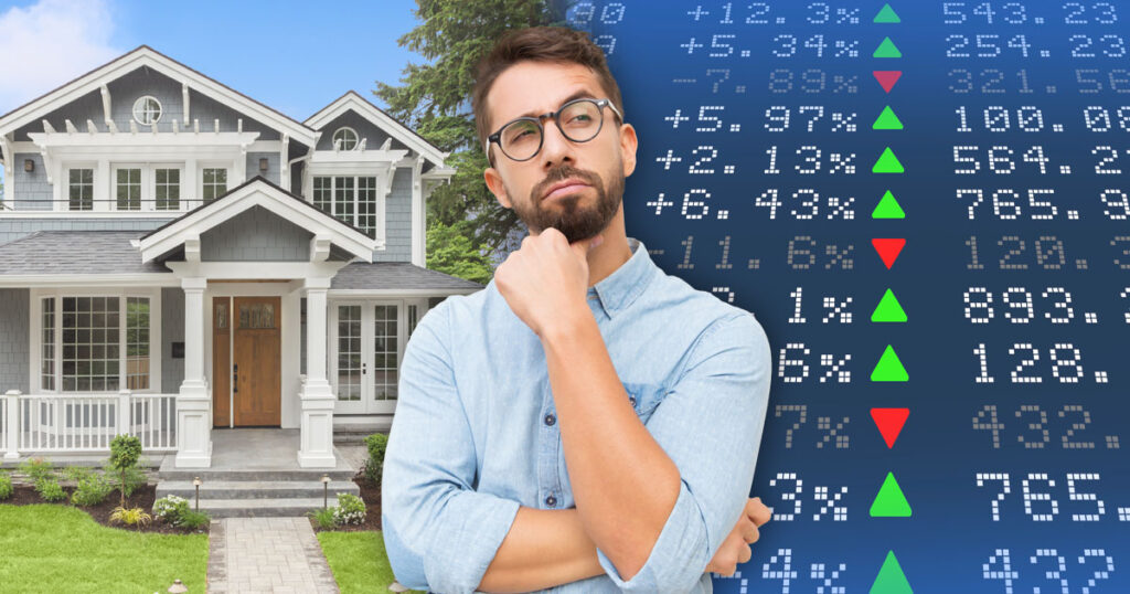 A man thinking with a house on the left and stock market prices on the right