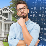 A man thinking with a house on the left and stock market prices on the right
