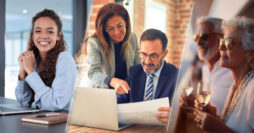 Three panels showing a young investor, a middle-aged couple, and a high net worth couple