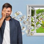 A frustrated man with money flying out the window behind him